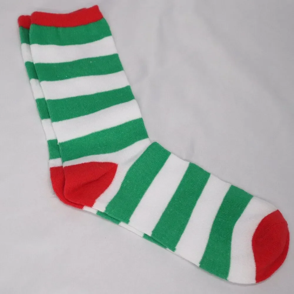 Striped Crew Socks Green White w Red Toe/heel Size 5-10 Holiday Costume
